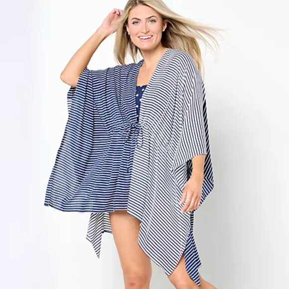 NEW Lands End Tie Waist Kimono Beach Cover-Up Ivory-Navy Stripes OSFM $55 - Picture 1 of 5